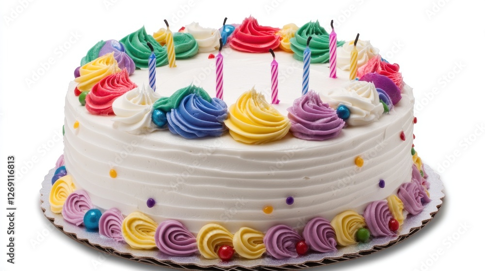 Colorful birthday cake with candles, isolated on white Colorful birthday cake with candles, isolated on white