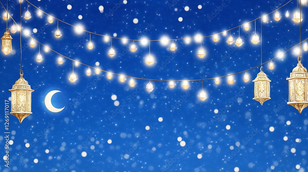 Naklejka premium A Dreamy Night Sky with Shimmering Lanterns and a Glowing Moon