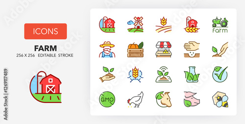 Line icons about organic food production and new agricultural technologies. Contains such icons as Non GMO, smart farm, landscape and more. 256x256 Pixel Perfect editable in colors