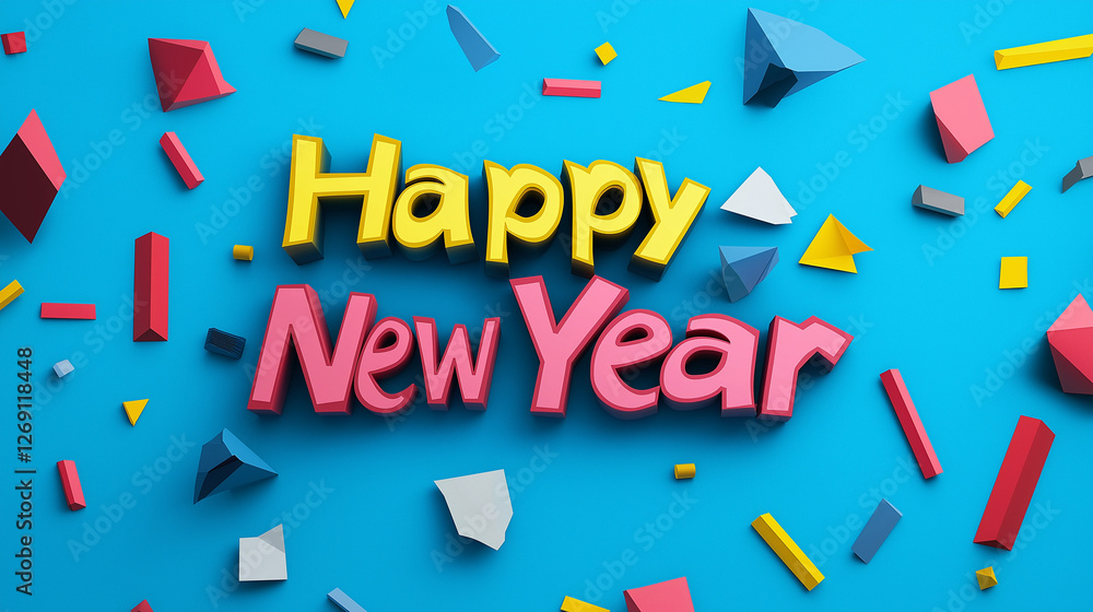 Happy New Year Celebration, Colorful Confetti and Cheerful Typography Happy New Year Celebration, Colorful Confetti and Cheerful Typography