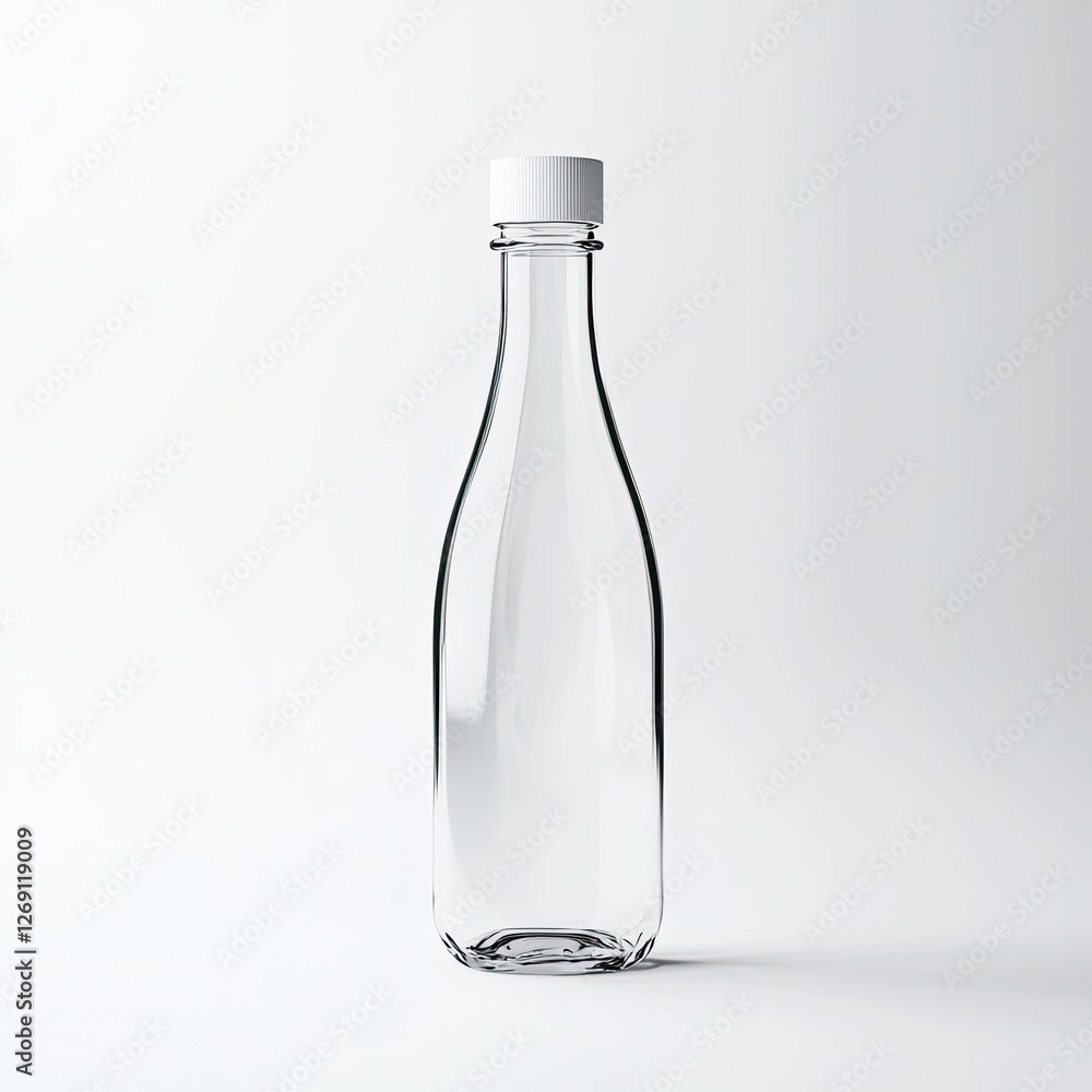 Minimalist Clear Glass Water Bottle with White Cap on White Background – Sustainable Packaging Mockup for Branding, E-commerce, and Commercial Advertising Minimalist Clear Glass Water Bottle with White Cap on White Background – Sustainable Packaging Mockup for Branding, E-commerce, and Commercial Advertising