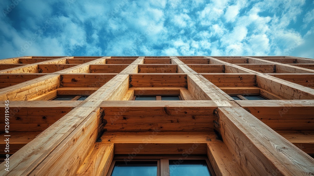 Tall wooden structure showcases modern design under a bright blue sky Tall wooden structure showcases modern design under a bright blue sky