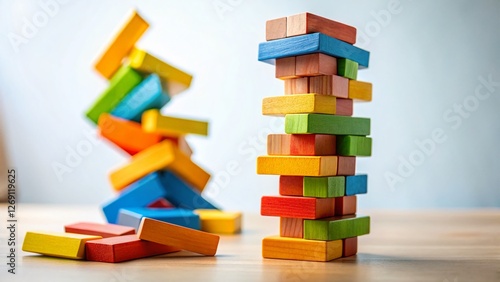 Precariously Balanced Wooden Blocks Tower, Instability Concept Stock Photo