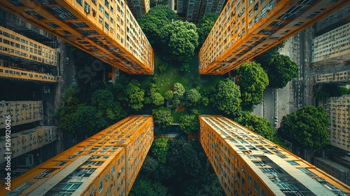 Aerial view of city buildings surrounding a central park photo