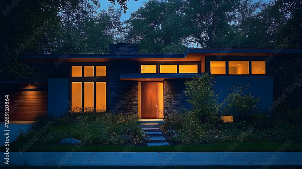 Fototapeta premium Elegant nighttime scene of a modern dobble-story residence with a sleek blue exterior, wooden accents and a slate entrance door, softly illuminated