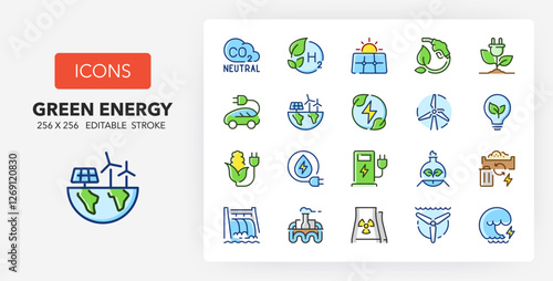 Line icons about Green energy and ecology concepts. Contains such icons as solar panel, geothermal and wind energy and more. 256x256 Pixel Perfect editable in colors