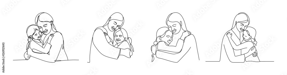 A hand-drawn single line illustration of a young mother hugging her child for a happy Mother's Day. A hand-drawn single line illustration of a young mother hugging her child for a happy Mother's Day.