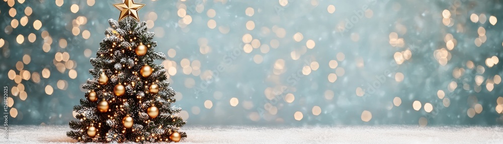 Beautifully Decorated Christmas Tree with Star on Top and Warm Bokeh Lights in Background Beautifully Decorated Christmas Tree with Star on Top and Warm Bokeh Lights in Background
