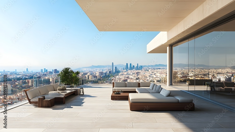 Fototapeta premium modern penthouse terrace with barcelona city view