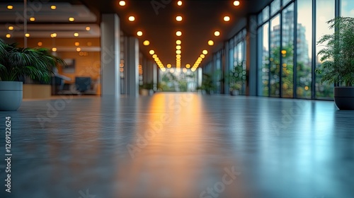 Modern office corridor with polished floor  illuminated by warm lights and surrounded by greenery