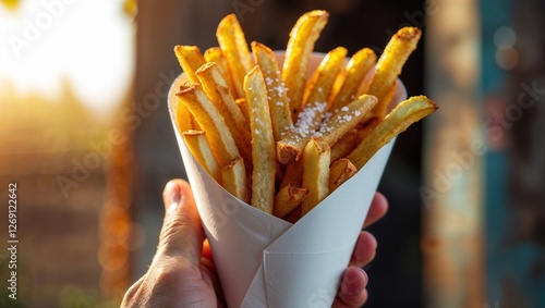 Enticing golden fries served in a paper cone, perfect for outdoor enjoyment; a classic snack that evokes joy and nostalgia with every crispy bite. new photo