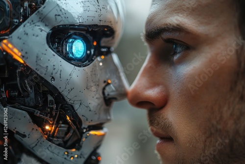 Engineer observing humanoid robot's face close up, artificial intelligence concept photo