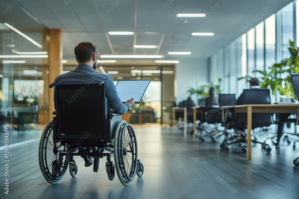 Manager in wheelchair using laptop in modern office Manager in wheelchair using laptop in modern office