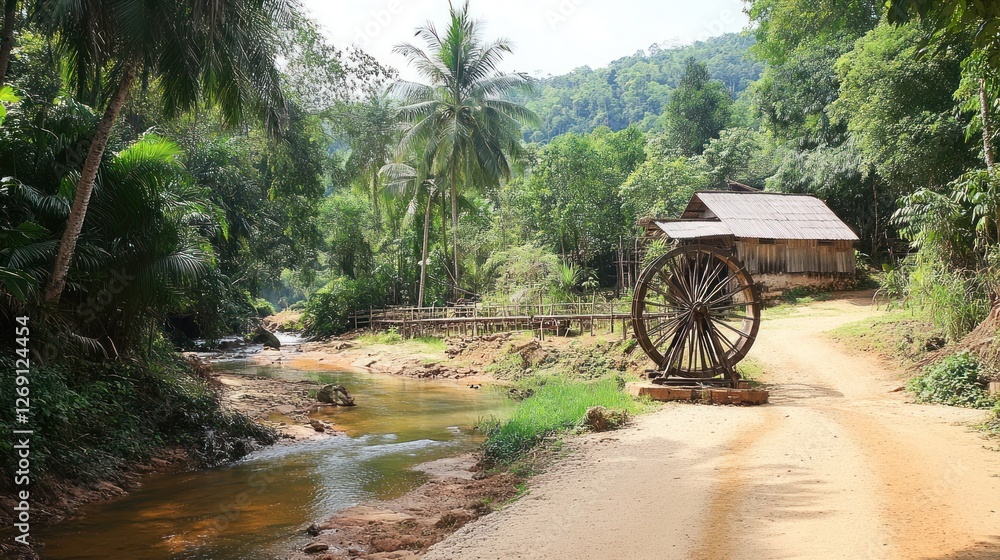Serene Tropical Village Scene with Wooden Water Wheel Serene Tropical Village Scene with Wooden Water Wheel