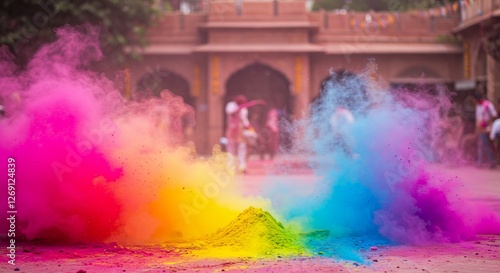 Colorful Celebration Vibrant Holi Powders Against a Blurred Natural Backdrop Chaos and Nature's Harmony in Springtime