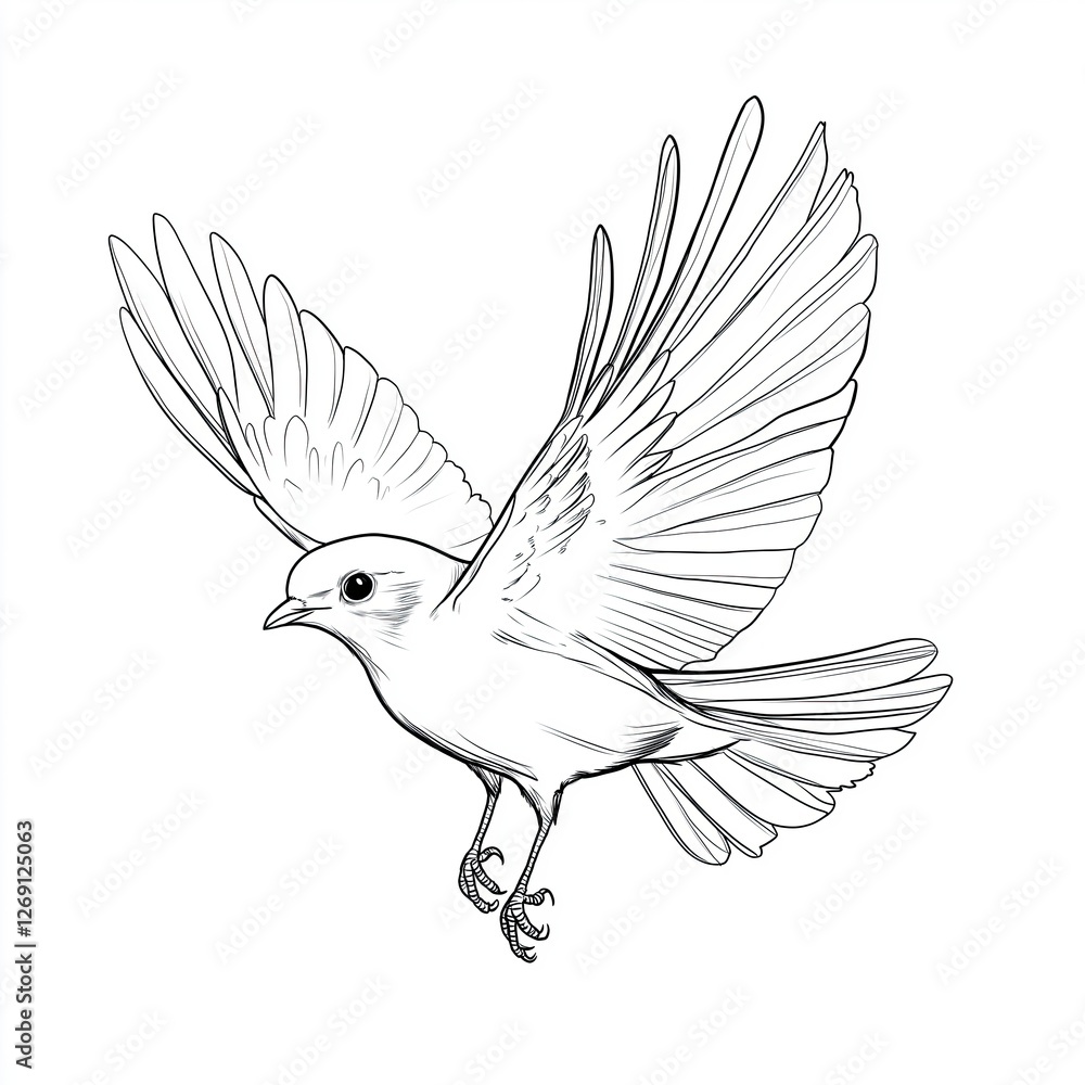 Obraz premium black and white line drawing of a small bird in flight. The bird appears to be a dove or a bird of prey, with its wings spread wide and its beak open as if it is about to take flight