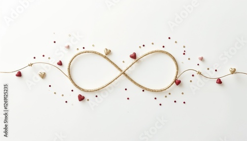 Artistic infinity symbol made with gold rope and hearts for romantic decoration