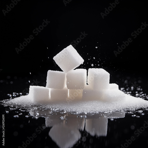 Sugar Cubes Falling on Black Background Closeup Still Life Photography photo