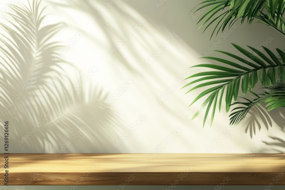Empty wooden surface with sun shadows and palm leaves Empty wooden surface with sun shadows and palm leaves