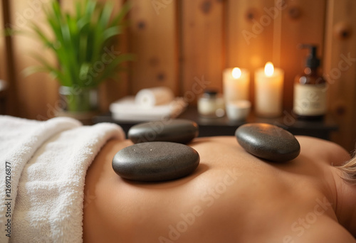 Woman receiving a hot stone massage in a tranquil spa with bamboo and oils photo