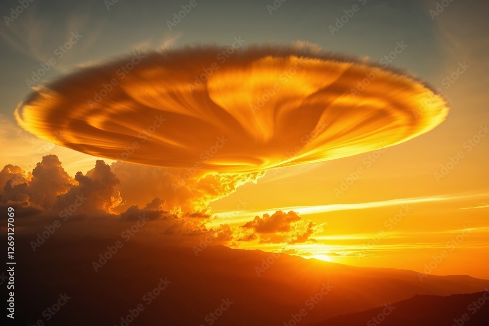 Fototapeta premium Massive lenticular cloud glowing at sunset over mountains
