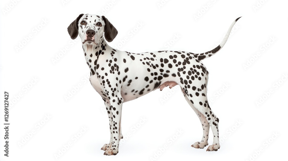 A spotted Dalmatian dog standing confidently, ears perked up against a white background A spotted Dalmatian dog standing confidently, ears perked up against a white background