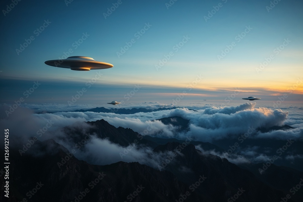 Naklejka premium UFOs hovering above mountain clouds at sunset