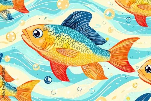 A playful and colorful cartoon illustration featuring a fish swimming in wavy water with bubbles, perfect for children's designs and aquatic themes, seamless design. photo