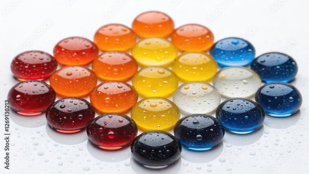 Colorful Set of Paint Glass Stones Arranged in a Rainbow Gradient on White Background