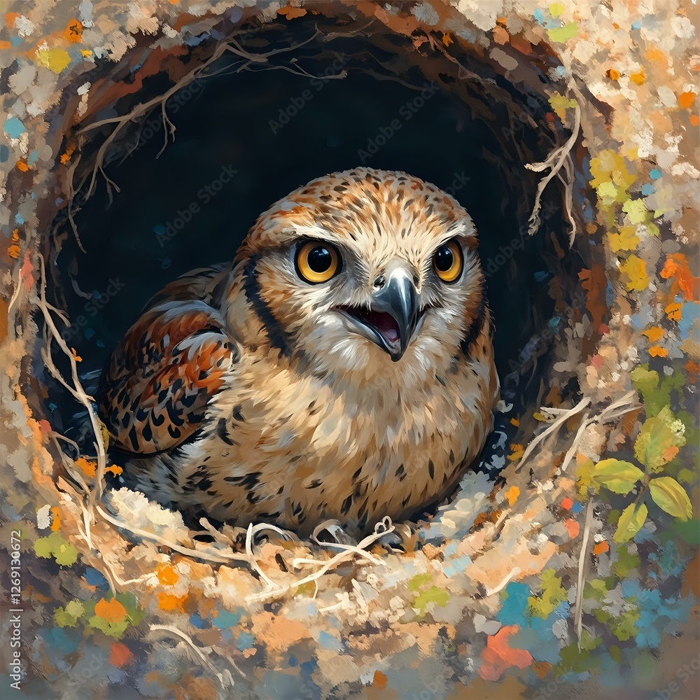 The image depicts a close-up of a bird in a nest, surrounded by a colorful, brush-painted background featuring leaves and twigs.