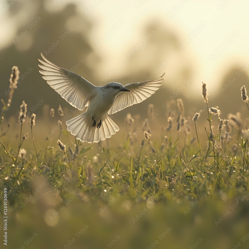 A white bird with outstretched wings is captured mid-flight over a field of tall grass, with a warm, hazy light in the background.