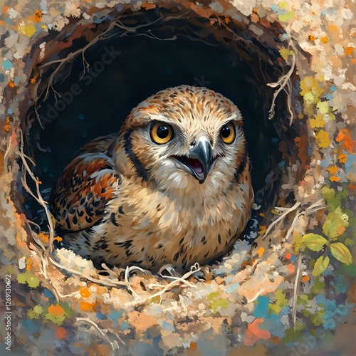 Obraz na płótnie The image depicts a close-up of a bird in a nest, surrounded by a colorful, brush-painted background featuring leaves and twigs. w salonie