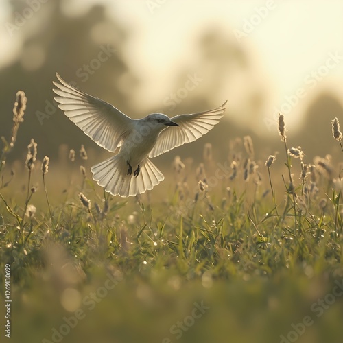 Obraz na płótnie A white bird with outstretched wings is captured mid-flight over a field of tall grass, with a warm, hazy light in the background. w salonie