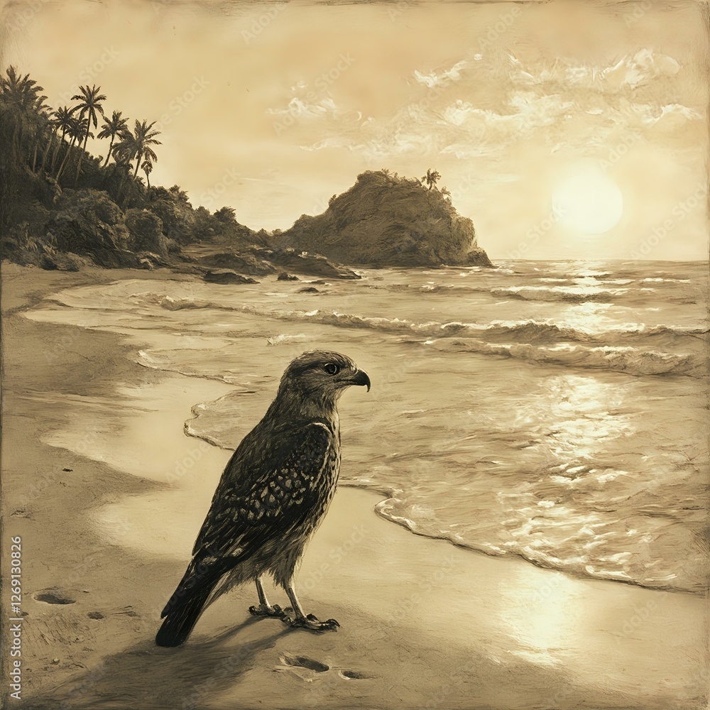 A sepia-toned photograph captures a serene scene of a bird perched on a sandy beach, with a picturesque sunset in the background and palm trees lining the shore.