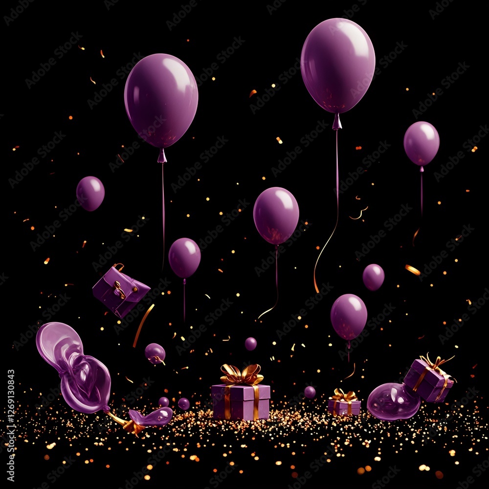 The image presents a celebratory scene with numerous purple balloons floating against a dark backdrop, accompanied by scattered gold confetti.