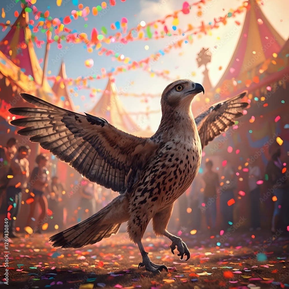 A digitally rendered image of a bird with outstretched wings against a background of a colorful, festive circus tent with confetti falling from the sky.
