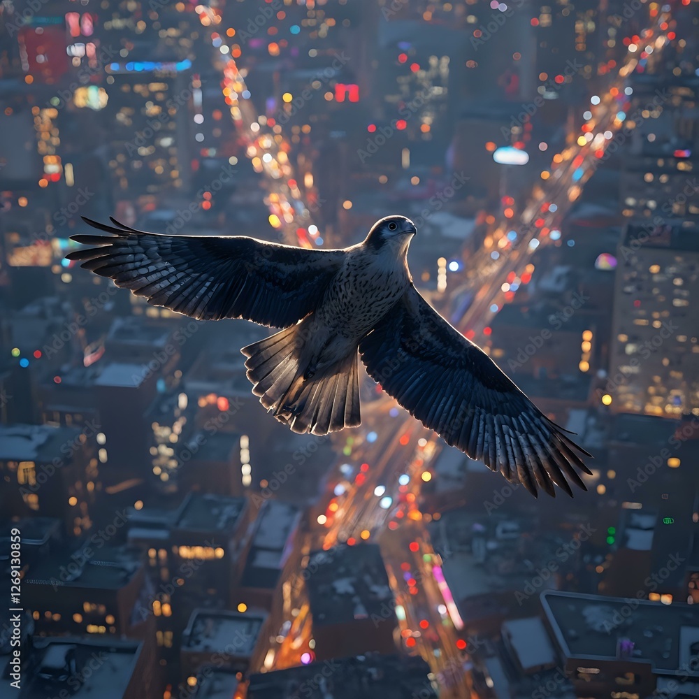 An eagle soars across a cityscape at dusk, its silhouette contrasting against the vibrant lights.