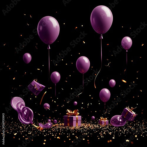Obraz na płótnie The image presents a celebratory scene with numerous purple balloons floating against a dark backdrop, accompanied by scattered gold confetti. w salonie