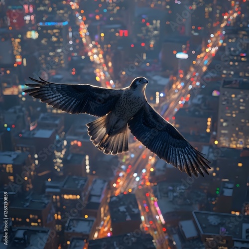 Obraz na płótnie An eagle soars across a cityscape at dusk, its silhouette contrasting against the vibrant lights. w salonie