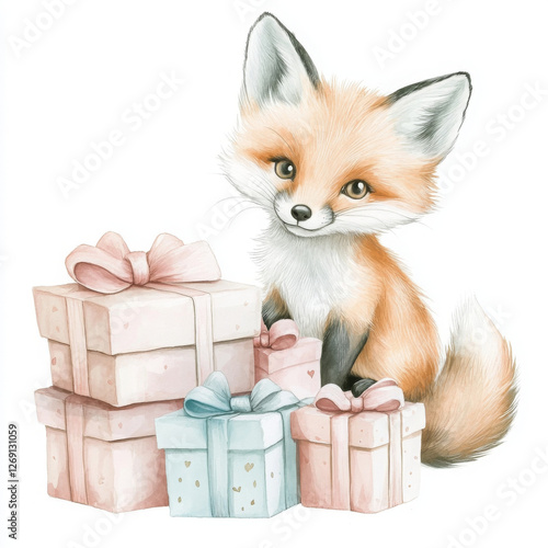 Illustration fox with gifts looks happy and delightful watercolor art