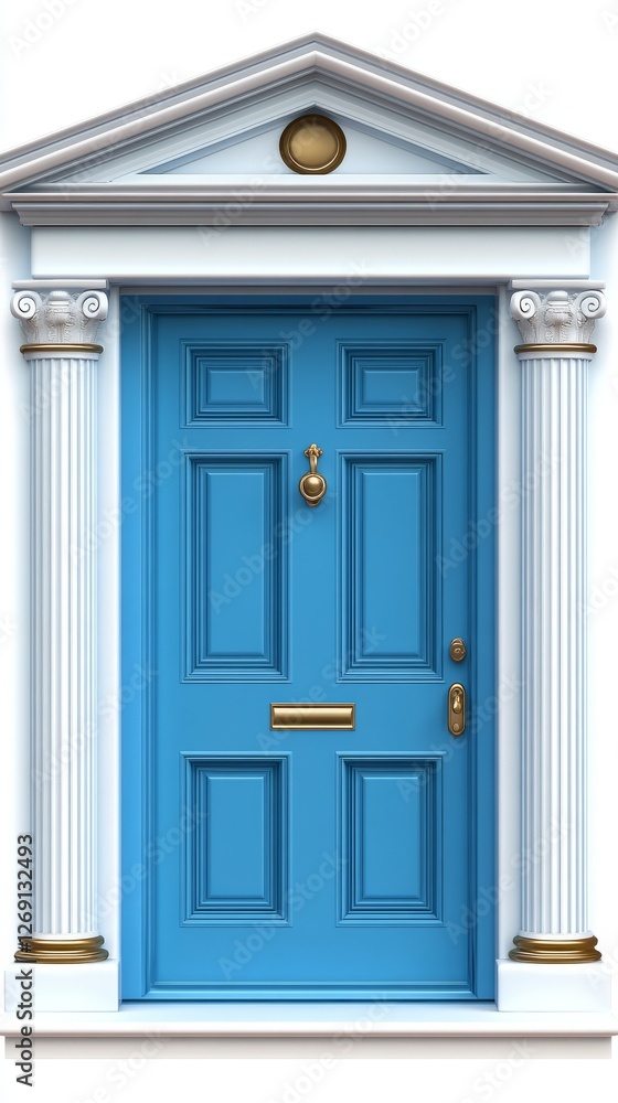 Fototapeta premium An isolated white backdrop featuring a classic blue wooden door with a frame