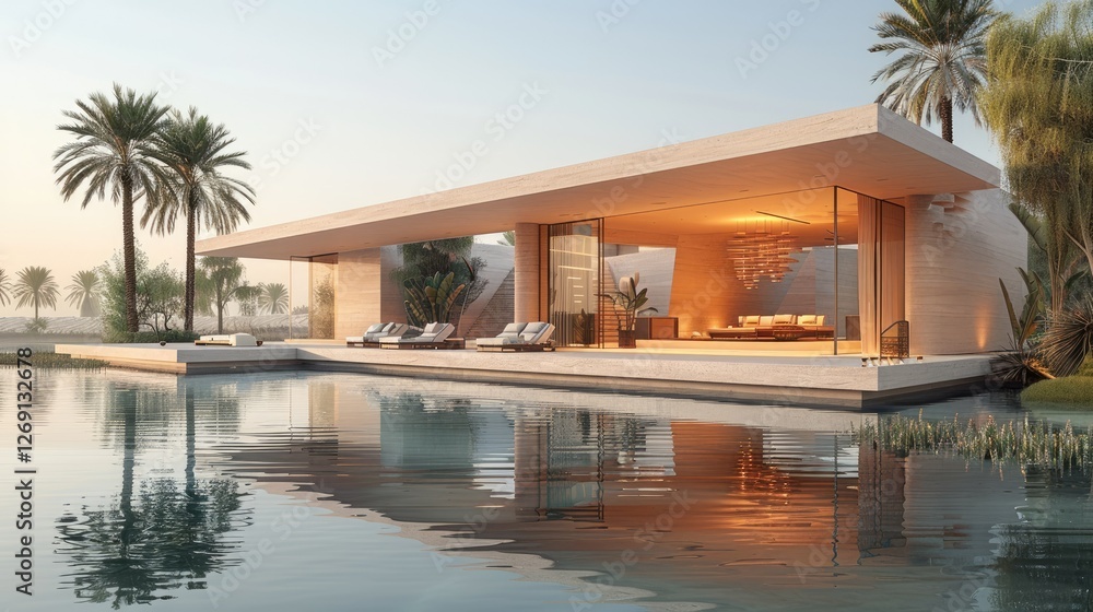 Modern minimalist house with infinity pool, palm trees, and sunset reflection. Modern minimalist house with infinity pool, palm trees, and sunset reflection.