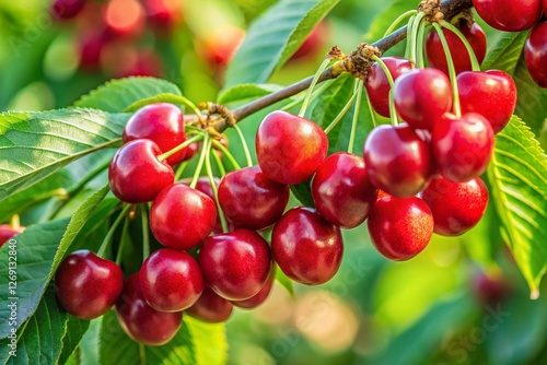 Ripe Red Cherries Close-Up: Juicy Summer Harvest on Branch