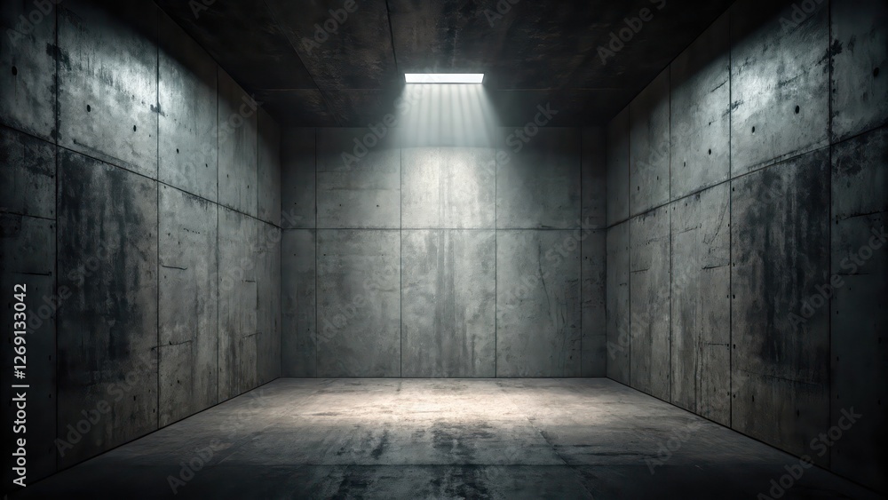 Concrete Room with a Single Shaft of Light, Creating a Mysterious Atmosphere Concrete Room with a Single Shaft of Light, Creating a Mysterious Atmosphere