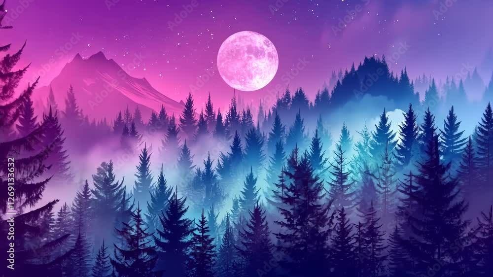 Mystical moonrise over misty forest with majestic mountain silhouette in vibrant twilight Mystical moonrise over misty forest with majestic mountain silhouette in vibrant twilight
