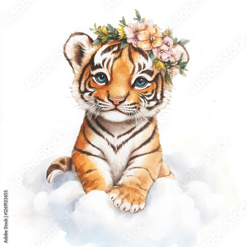 Watercolor tiger smiles sweetly with boho floral crown on cloud photo