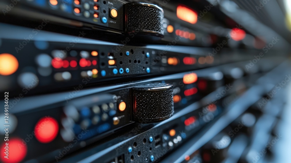 Rack of servers with multicolored lights illuminating a data center in a modern technology setting Rack of servers with multicolored lights illuminating a data center in a modern technology setting