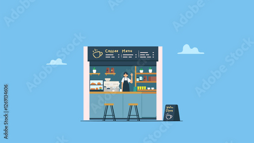 A businesswoman owning a coffee shop is welcoming visitors. Young enterpreuneur with small business concept.