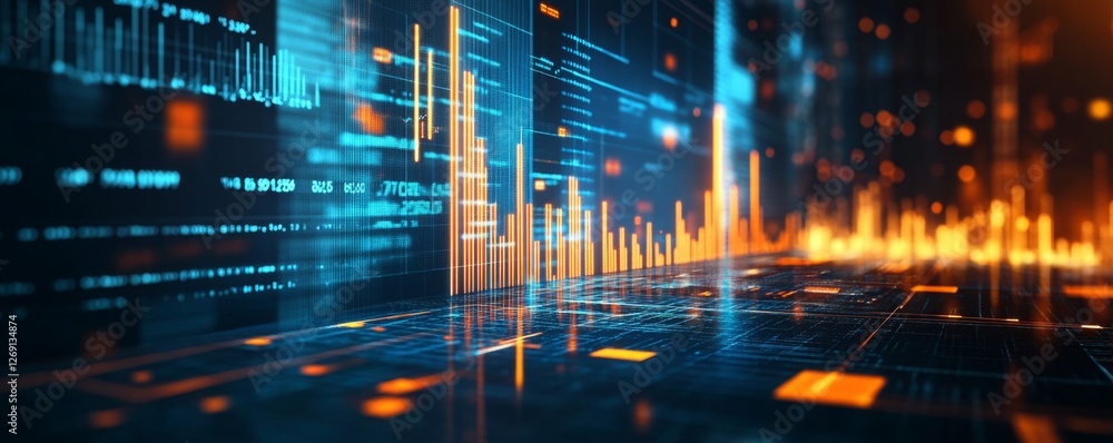 Fototapeta premium Digital data streams flow on screen, glowing city background