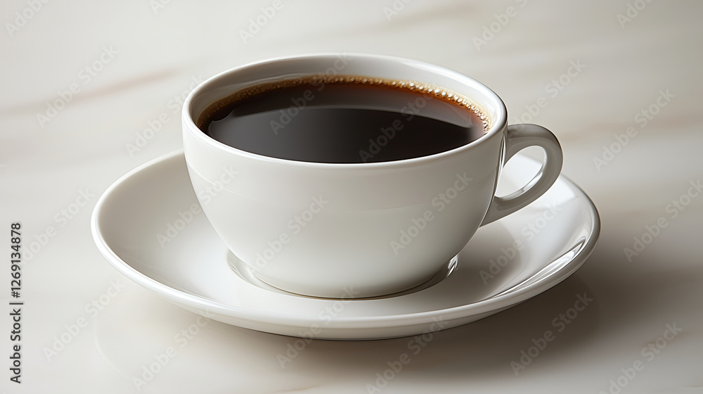 Freshly brewed coffee in a white cup on a saucer Freshly brewed coffee in a white cup on a saucer